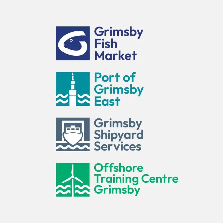 An image featuring the four distinct logos of Grimsby Fish Dock Group.